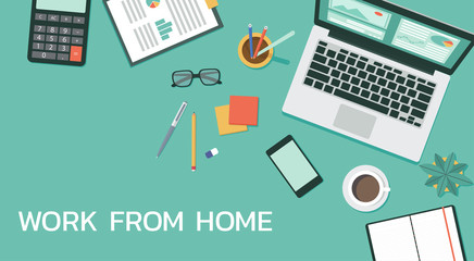 work from home concept on top view, freelance workplace with laptop computer, smartphone, pen, pencil, calculator, documents, and coffee, remote working, new normal, vector flat illustration