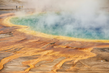 Close-up aerial view of Grand Prismatic Spring in Midway Geyser Basin, Yellowstone National Park, Wyoming, USA