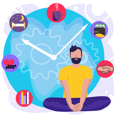Vector illustration of the concept of work time management and work balance, of planner, Effective management. Young man doing yoga with multitask on the clock background. Flat vector illustration.