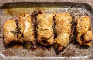 Cocked of chicken rolls stuffed with provola on the surface.