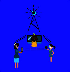 A vector image depicting the concept of communication between various people through different electronic gadgets with internet technology. 