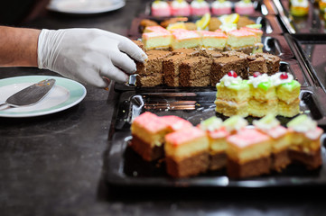 Hands in white gloves lays out the sweets. Catering