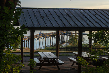 picnic area overlooking waters of puget sound and pier