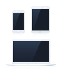 Set of White Technological Devices with Blank Black Screen on Background . Isolated Vector Elements

