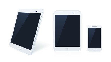 Set of White Technological Devices with Blank Black Screen on Background . Isolated Vector Elements
