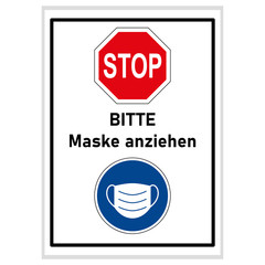 Bitte Maske anziehen - Stoppschild und Schild mit einer Maske