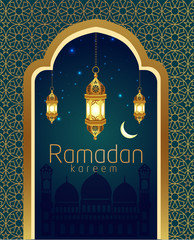 patterned vector vertical poster, golden vintage lanterns for Ramadan wishing. Arabic shining lamps. Decor in Eastern style. Islamic background. Ramadan Kareem card, advertising,greetings