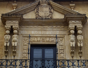 Renaisance facade and balcony in the city center of Ronda. 17 Century. Spain. 