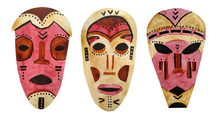 watercolor hand drawn illsutration set with stylized graphic brown and red ancient traditional ceremonial african masks with aborigine indigenous cult trendy african vibes for fabrics textile paper