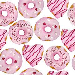 watercolor hand drawn seamless pattern illustration of pink sweet tasty delicious donuts with sugar glaze and heart love decoration for st valentine day textile wrapping paper bakery dessert food