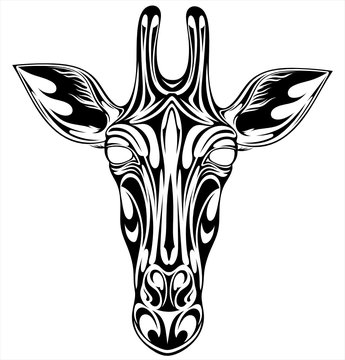  Black and white stylized image of a muzzle of a giraffe for tattoo and other.
