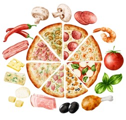 Sliced pizza illustration with ingredients on watercolor paper texture isolated on white background. Delicious food illustration.