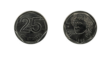 coin Brazil 25 centavos year 1995 front and rear view macro close up on white background