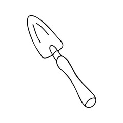 Garden trowel in doodle style. Hand drawn vector illustration in black ink isolated on white background. 