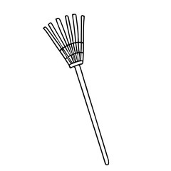 Lawn rake  in doodle style. Hand drawn vector illustration in black ink isolated on white background.