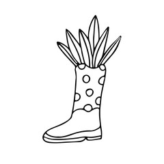 Garden rubber boot decorated with polka dots and leaves in doodle style. Hand drawn vector illustration in black ink isolated on white background. 