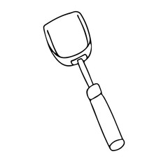 Garden shovel in doodle style. Hand drawn vector illustration in black ink isolated on white background.