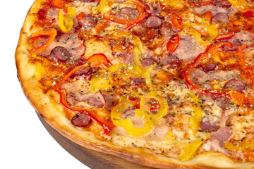 tasty pizza on a wooden board. italian food isolated on the white background