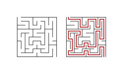 Labyrinth game the lowest level. Simple puzzle with solution. Vector illustration.