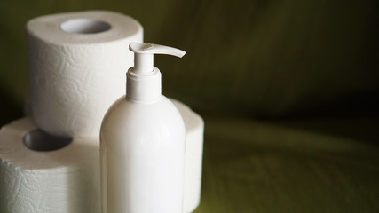 Hand sanitizer, against coronavirus. Toilet paper. Coronavirus and cleanliness.