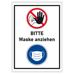 Bitte Maske anziehen - Schreiender Mann mit ausgestreckter Hand Hinweisschild und Maske auf dem blauen Schild