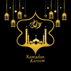 Fototapeta na wymiar Vector - Golden silhouette of mosque and hanging lanterns on black background, Ramadan Kareem, greeting card