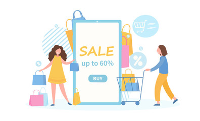 Online Sale and shopping concept with tablet or mobile phone and a man and woman shopping with bags and cart, vector illustration