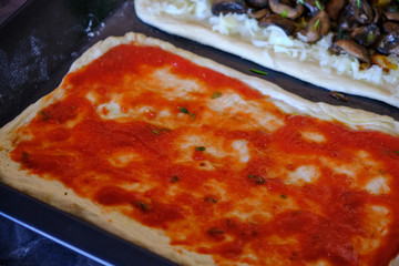 Preparing homemade italian pizza, homemade burrata pizza