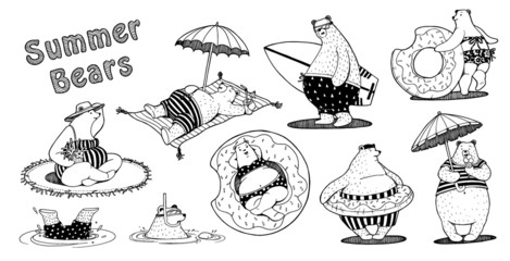 Hand drawing funny summer bears board.