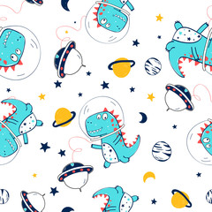 Astronaut dinosaur seamless print design. Vector illustration design for fashion fabrics, textile graphics, prints. © miniwhale