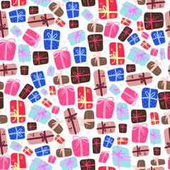 Birthday gift boxes flat vector seamless pattern. Pattern with gifts. Birthday pattern. Pattern for design, fabric, wallpaper, wrapping paper. New Year pattern. 