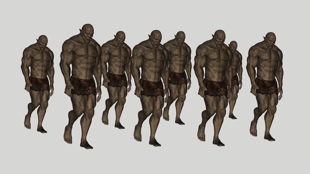 3D going crowd of orcs, animation, transparent background