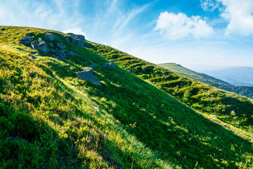 beautiful summer landscape in mountains. green grassy meadow on the hill side. view in to the...