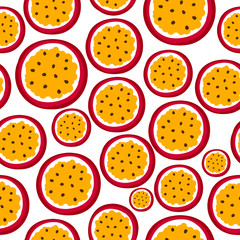 Passion fruit vector seamless pattern on a white background. Fruit bright pattern in the style of hand drawing.Cartoon passion fruit background..  Flat vector stock illustration