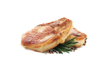 Fried pork steaks isolated on white background. Grilled food