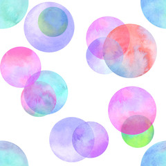 Polka dot multi-colored watercolor seamless pattern. Abstract watercolour background with colorful circles on white