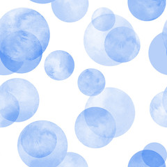 Circles blue navy indigo watercolor seamless pattern. Abstract watercolour background with color circles on white