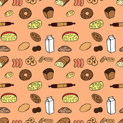 Groceries seamless pattern. Vector hand drew doodle color illustration.
