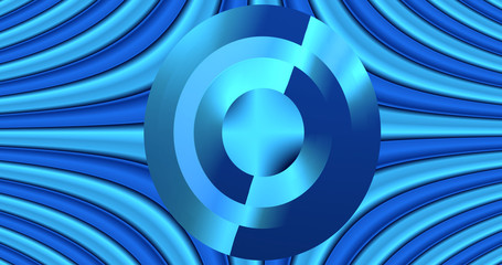 Moving metal circle with wave. Blue. Asymptotic curves background. 3d. Dark and shiny