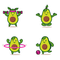 Cute Avocado cartoon character doing exercises.