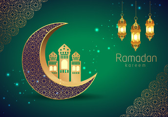Ramadan Kareem greeting card design with half moon and mosque on green background.Hanging Lamps