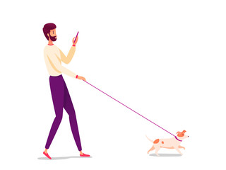 Man networking on phone walk dog isolated on white