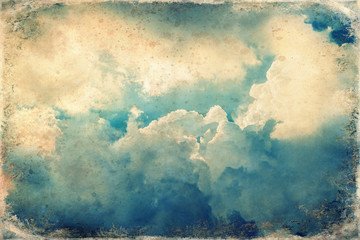 Sunset clouds and seagull, sky cloud background, old photo effect.