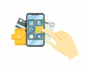 Man doing shopping vector illustration. Male hand choosing goods on tablet via internet app in e-shop flat style design. Guy putting button of selected product category. E-purchasing concept