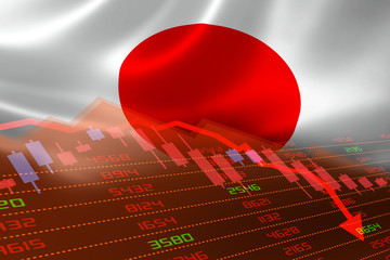 Japanese Flag and Economic Downturn With Stock Exchange Market Indicators in Red