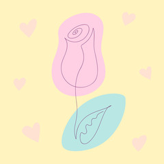 Rose flower painted in continuous line drawing technique. Greeting card created in one line art style. Love and romantic theme. Banner template with flower bloom.