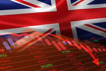British Flag and Economic Downturn With Stock Exchange Market Indicators in Red