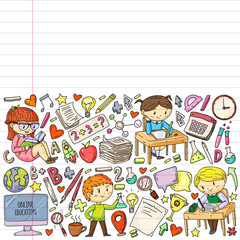 Online learning, education. Back to school. Vector icons and elements for little children, college. Doodle style, kids drawing