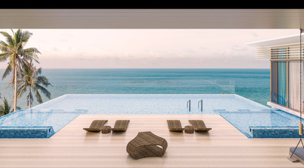 Fototapeta na wymiar Sea view with a beautiful swimming pool, sunbeds and swings,3d render