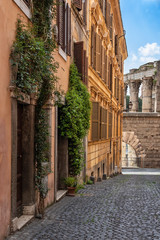 Rome, Italy - A glimpse of Via Baccina, in the historic center of the city, and in the background, the ancient columns of the Imperial Forum.
